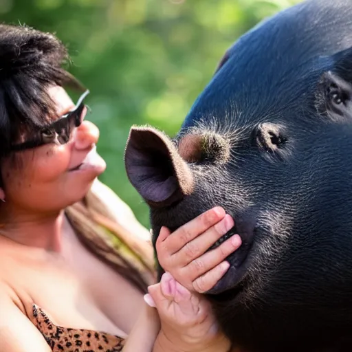 Prompt: a cute black pig tried to kiss me