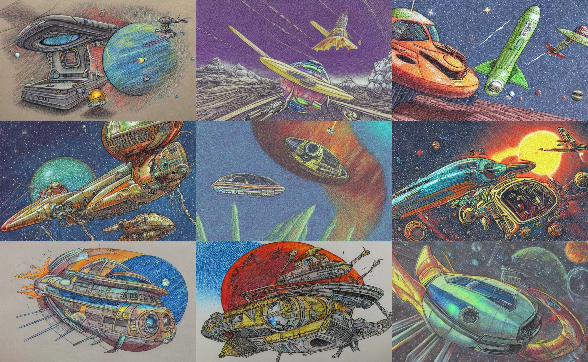Prompt: intricately detailed color pencil sketch, retro spaceship crash landing on an alien planet