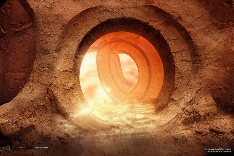 Image similar to a stargate in the ruins on mars leads to another dimension, portal, gate, dimension, arstation, digital art