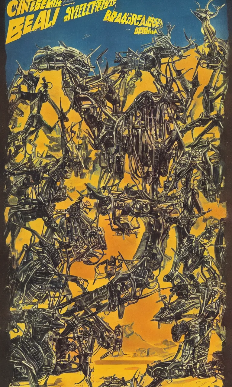 Prompt: vintage 1 9 7 0 s sci - fi movie poster of cybernetic deers invading brasilia, art by peter jones
