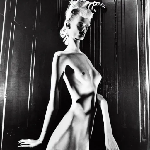 Image similar to a highly detailed unreal engine symmetric portrait of a long legged freaky goddess in a latex dress in an endless galaxy, henry cartier bresson