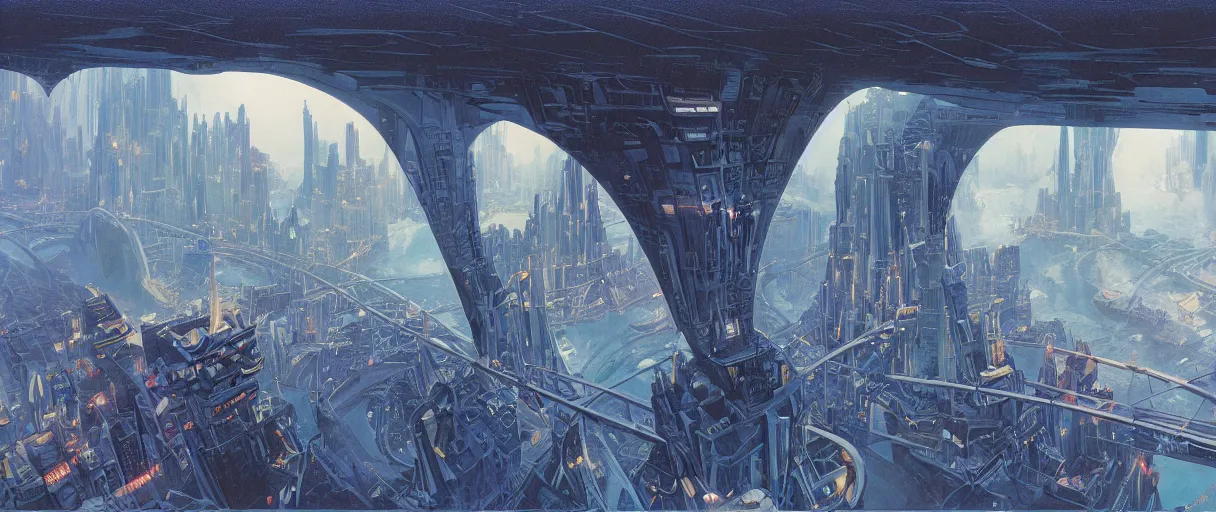 Prompt: A beautiful illustration of a futuristic city of bridges built on a world of waterfalls by Robert McCall and Ralph McQuarrie | Graphic Novel, Visual Novel, Colored Pencil, Comic Book:.6 | unreal engine:.3 | | viewed from below | establishing shot:.7