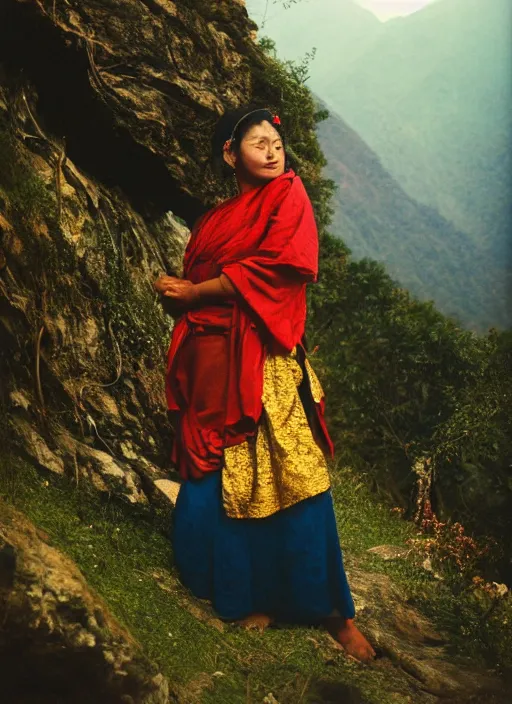 Image similar to vintage_portrait_photo_of_a_beautiful_beautifully_lit_nepalese_Victorian_woman_in_a_lush_valley_with_a_tibetan_monastery_on_a_rock_in_the_background