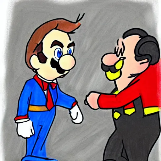 Image similar to a court sketch of saul goodman defending super mario in court, saul goodman and mario, sketch art, court sketch art, saul goodman, mario, very sketchy court sketch