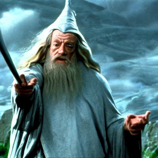 Image similar to A Still of Patrick McGoohan as Gandalf in The Lord of the Rings (2001), full-figure