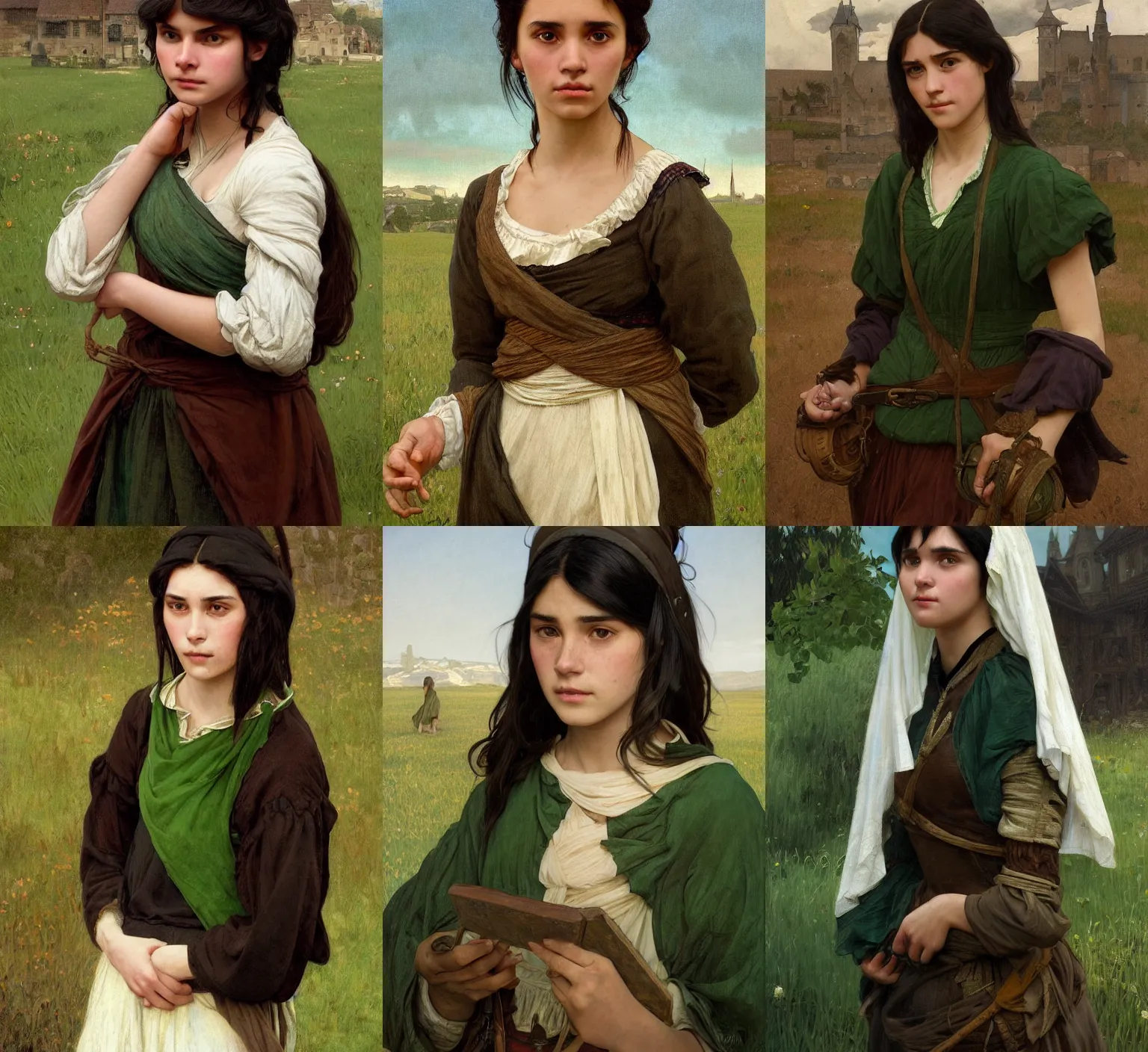 Prompt: medium-length portrait of a 17-year-old female peasant with shoulder-length black hair and brown eyes, white skin, confused expression, green clothing, medieval setting, highly detailed, digital painting, artstation, concept art, sharp focus, illustration, art by greg rutkowski and alphonse mucha