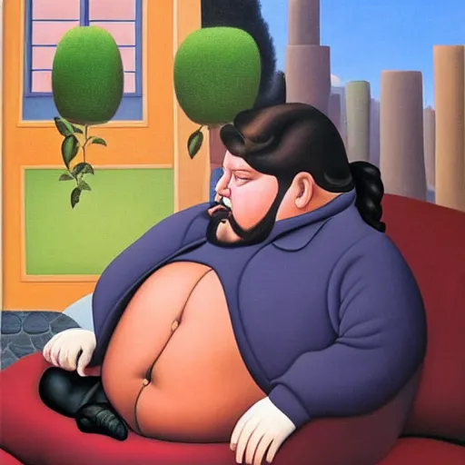 Image similar to Fernando Botero painting of Ricky Gervais relaxing and smoking weed, high definition art, extremely detailed