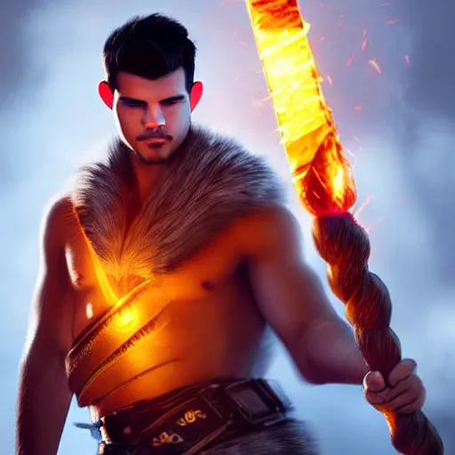 Prompt: Taylor Lautner wearing a barbarian outfit holding a glowing fire magical staff. Trending on Artstation, octane render, ultra detailed, art by Ross tran