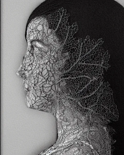 Image similar to a woman's face in profile, made of intricate decorative lace leaves, in the style of the dutch masters and gregory crewdson, dark and moody