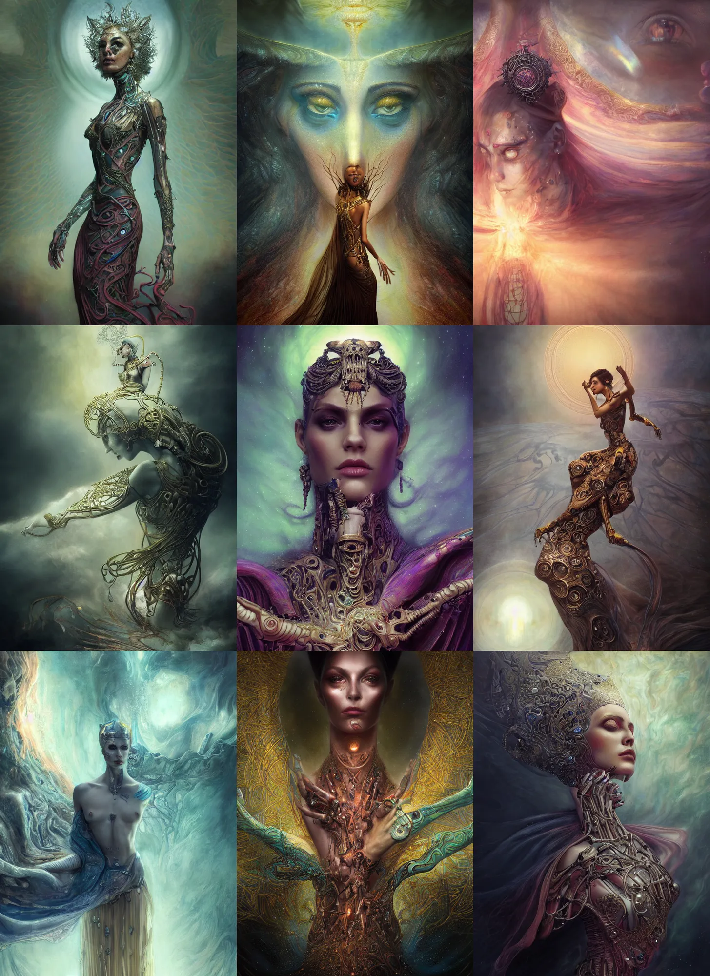 Prompt: epic portrait of menacing and anxious yet stunningly beautiful biomechanical djinn overseeing the iridescent fabric of creation, by charlie bowater, mandy jurgens, gustav klimt, octane render, dramatic camera angle, 4k, 8k, high detail, HDR, by tom bagshaw, powerful, with inspiration from Beksinski
