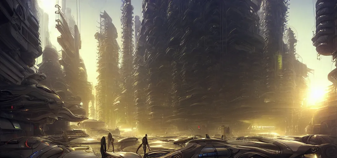 Prompt: futuristic street of a solarpunk alien city by taras shevchenko, extreme backlighting, sci fi, highly detailed, intrincate, digital painting, smooth, sharp focus, golden ratio, illustration, concept art, by stephen hickman and james gurney and hiromasa ogura ghost in the shell