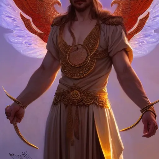 Image similar to attractive angel male deity, casting magic, summoning handsome lucifer morning star, fantasy, intricate, elegant, highly detailed, digital painting, artstation, concept art, matte, sharp focus, illustration, art by artgerm and greg rutkowski and alphonse mucha