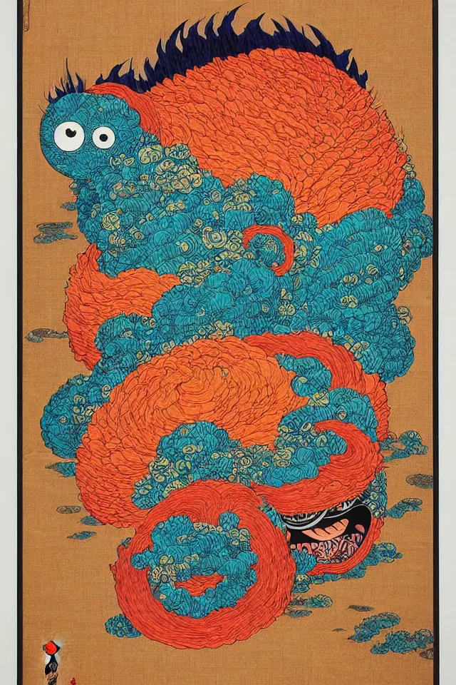 Image similar to an ukiyo - e painting of an intricate cute colorful fluffy dmt desert monster made out of burlap and coconut fiber, googly eyes, in colorful marker pen, by kokaris, naoto hattori, moebius and android jones