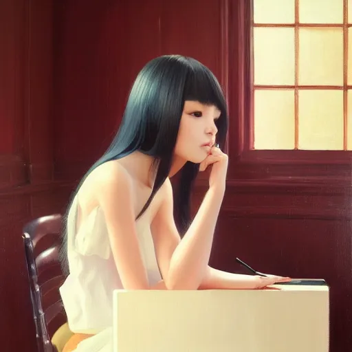 Prompt: oil painting by ilya kuvshinov,, baugh casey, rhads, coby whitmore, of a youthful japanese beauty, long hair, sitting on antique chair leaning against a desk, victorian room, highly detailed, breathtaking face, studio photography, dawn, intense subsurface scattering, blush, supple look, innocence, soft spray