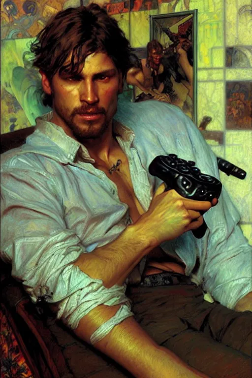 Image similar to attractive man playing video games, painting by gaston bussiere, craig mullins, greg rutkowski, alphonse mucha