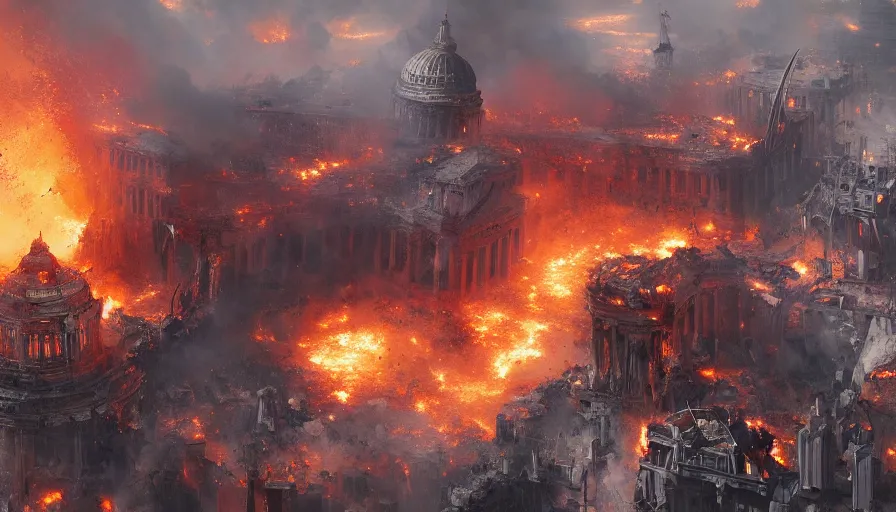 Image similar to destroyed capitol on fire, collepsing dome, hyperdetailed, artstation, cgsociety, 8 k