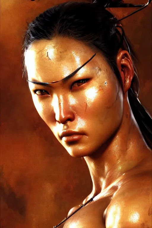 Image similar to muscular sweat chinese lara croft, exhausted face close up, highly detailed painting by gaston bussiere, craig mullins, j. c. leyendecker 8 k