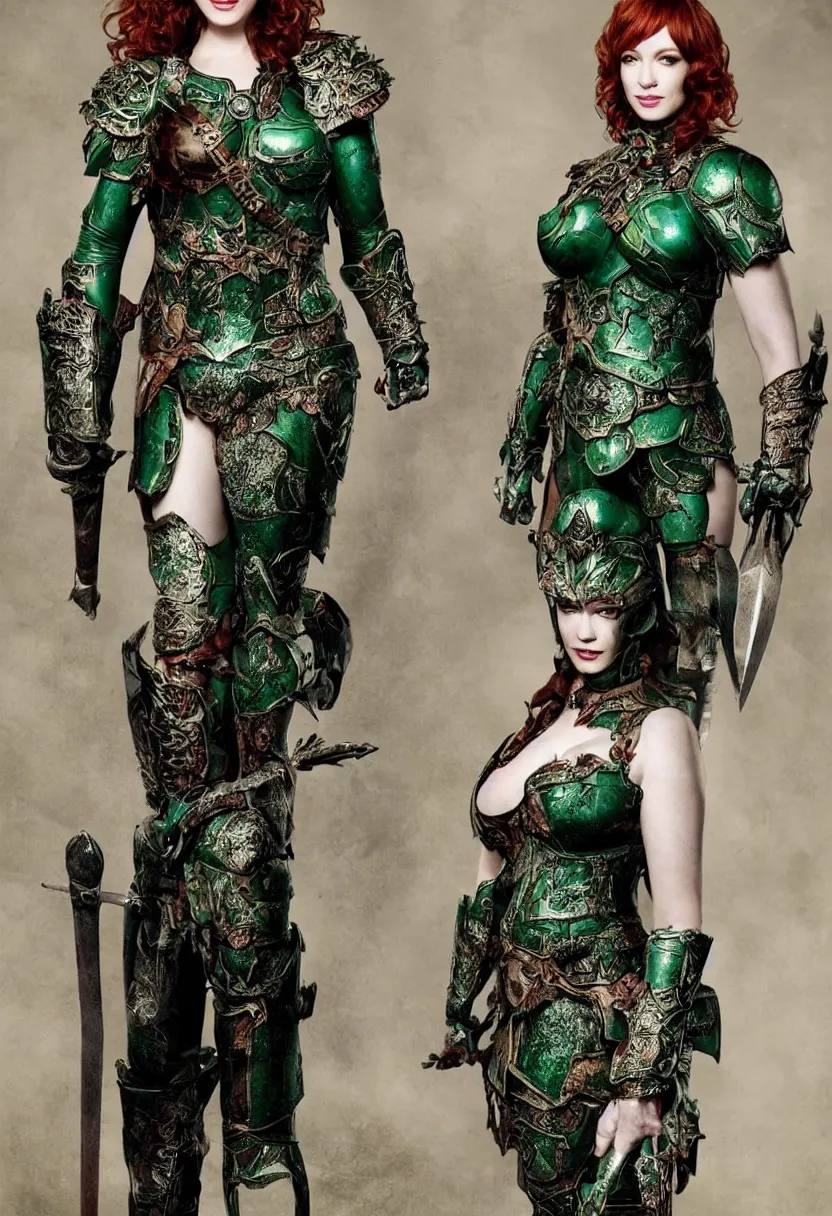 Image similar to full body photo of christina hendricks as a warrior with emerald encrusted armour