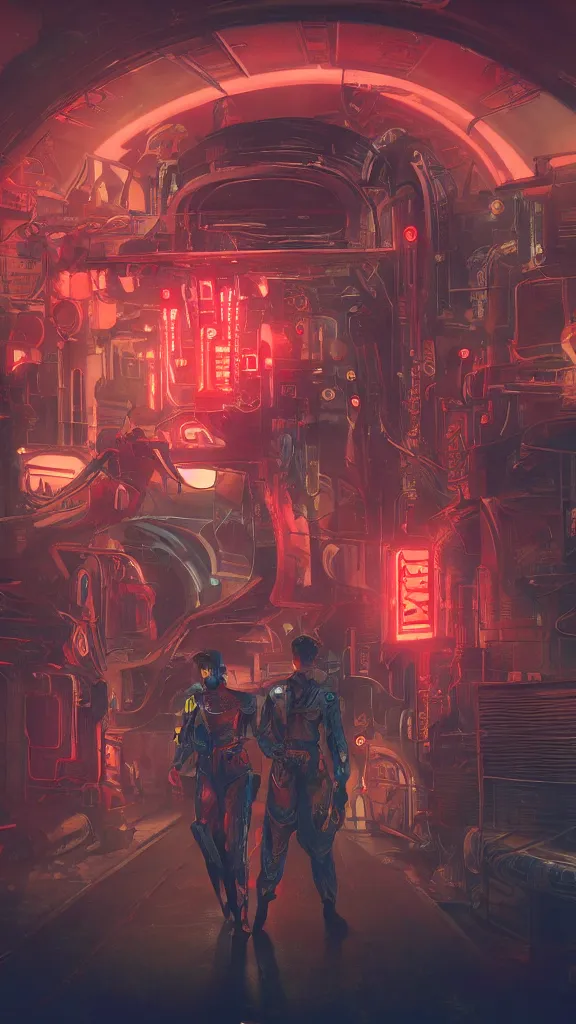 Prompt: concept art, retro - futurist steampunk pilots, octane render, artstation, dramatic neon lighting, glowing imperial motifs, red turquoise accents, bladerunner, by gerald brom, james jean, syd mead, akihiko yoshida, cinematic