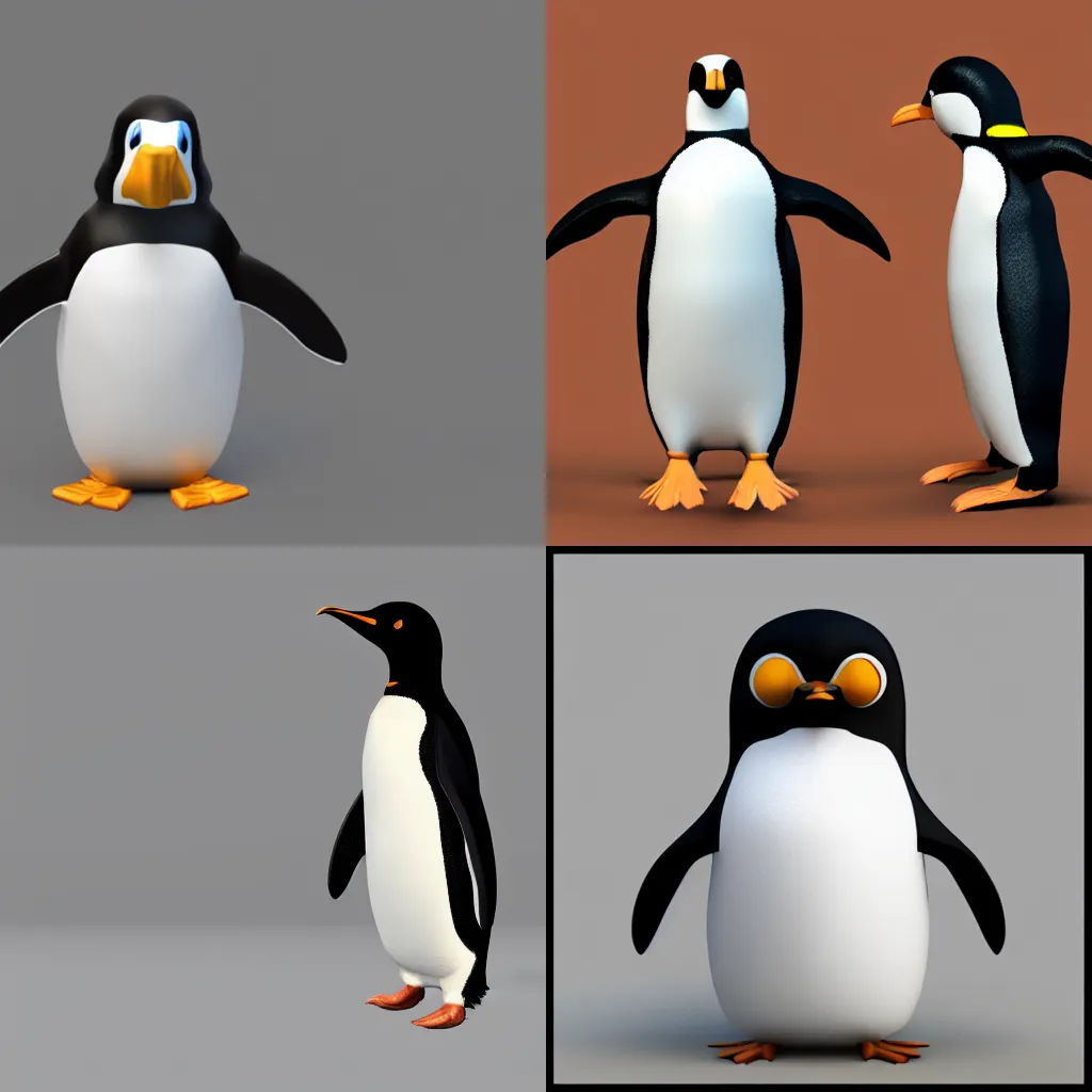 Prompt: videogame front-view 3D render of a penguin
