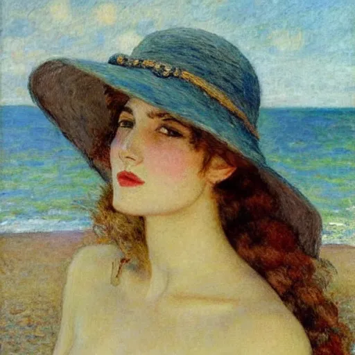 Prompt: painting of a young woman with a hat on at a beach by Guy Rose and Geroges Clarin, high quality, highly detailed, Romanticism, 1900s, oil painting, coherent