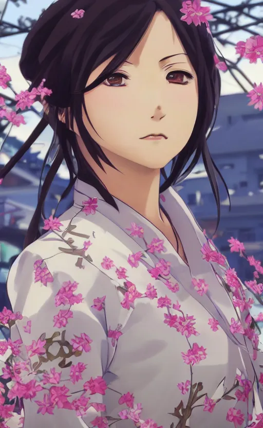 Prompt: anime style, gta 5, portrait of girl, yukata clothing, sakura tree in background, short hair, hair down, symmetrical facial features, from arknights, hyper realistic, extreme detail, 4 k drawing, safebooru, realistic lighting, by alphonse mucha, greg rutkowski, sharp focus, backlit