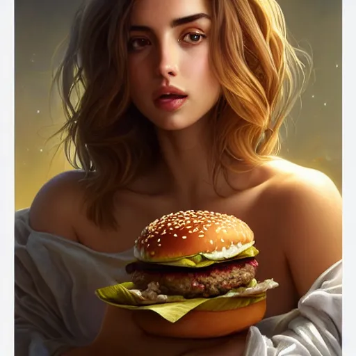 Prompt: portrait of ana de armas eating hamburgers, extra onions and ketchup, luscious patty with sesame seeds, feminine ethereal, handsome, d & d, fantasy, intricate, elegant, highly detailed, digital painting, artstation, concept art, matte, sharp focus, illustration, art by artgerm and greg rutkowski and alphonse mucha