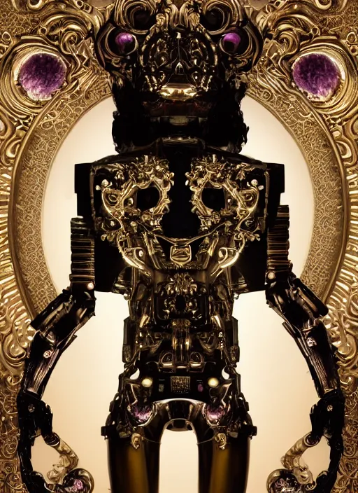 Image similar to baroque and cyberpunk style full-body sculpture of a young seductive Hispanic prince half android with a chest exposing a glowing ruby battery with porcelain arms posed like a model, glowing gold laser eyes, crown of white gears and sparkling diamonds, swirling white-colored silk fabric, robot dinosaurs. modern elements. reflective surfaces. intricate artwork by caravaggio. art by Artgerm and Alphonse Mucha, Trending on artstation, cinematic industrial lighting, photorealistic, octane render, 8k, depth of field, 3D