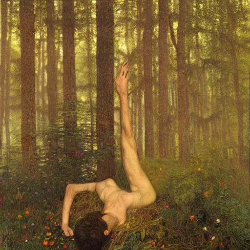 Image similar to detailed and oil painting, hyper realistic | cinematic lighting, award - winning | an unconscious businessman floating in the misty forest | by austin osman spare, by gustav klimt, by william waterhouse and tom bagshaw | trending on artstation, cgsociety, official art, octane.