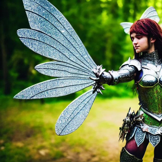 Image similar to full body photo of a fairy warrior wearing sparkly armour, highly detailed, 4 k, hdr, smooth, sharp focus, high resolution, award - winning photo