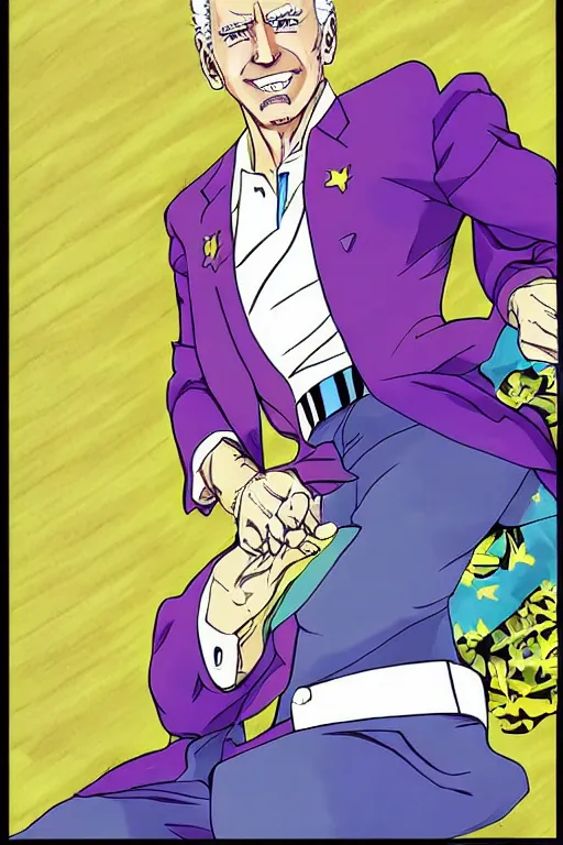 Image similar to Joe Biden as Jotaro Kujo JoJo from JoJo's Bizarre Adventure, anime drawing by Hirohiko Araki, vivid colors, colorful fashion