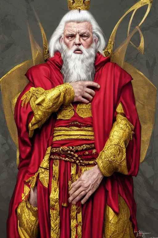 Image similar to Portrait of historically accurate, ancient biblical, sultry, sneering, evil, pagan, old kindah kingdom king, muscular, wearing gilded red royal robes, long white hair, intricate, elegant, highly detailed, digital painting, artstation, concept art, smooth, sharp focus, illustration, art by artgerm and greg rutkowski and alphonse mucha and andrei riabovitchev