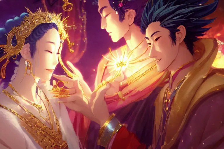 Image similar to close up moment of a divine a japan sun god and a moon goddess lovers magician at a wedding banquet, highly detailed, d & d, fantasy, 4 k realistic, digital painting, trending on artstation, concept art, sharp focus, illustration, art by makoto shinkai and akihiko yoshida and daniel gerhartz