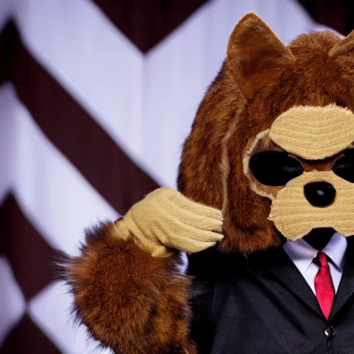 Prompt: brown wolf furry costume with a black presidential suit, convention photo, ultra detailed