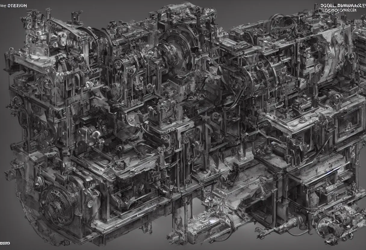 Prompt: blueprint of stemapunk soul grinding machine from necronomicon book written in blood, plenty annotations sumerian language, hyper realism, realistic, dramatic lighting, octane render, highly detailed, cinematic lighting, cinematic, art by olivier ledroit