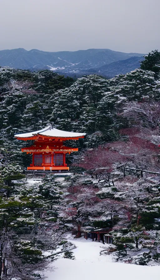 Image similar to a shinto shrine atop a mountain,snowy,beautiful,nature,distant shot,isometric