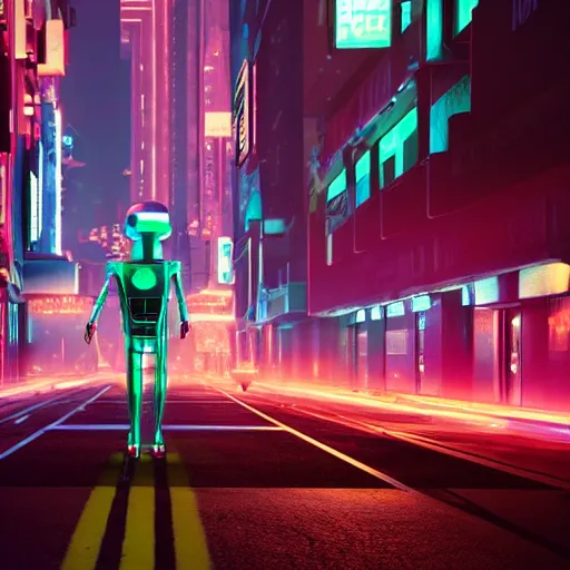 Image similar to robot walking the streets of thriving futuristic cyberpunk city at night, lit by the neon signs and streetlights, 3d, Unreal Engine, octane render, ray tracing, Unity, highly detailed, high quality, HD, 4k, 8k, realistic, sharp, no blur, edited, corrected, trending