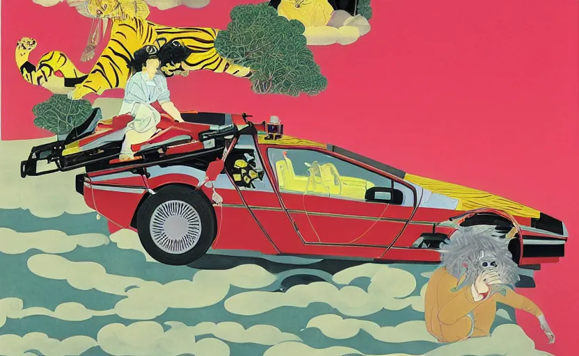 Prompt: a red delorean and a yellow tiger, pink clouds, painting by hsiao - ron cheng, utagawa kunisada & salvador dali, magazine collage style,