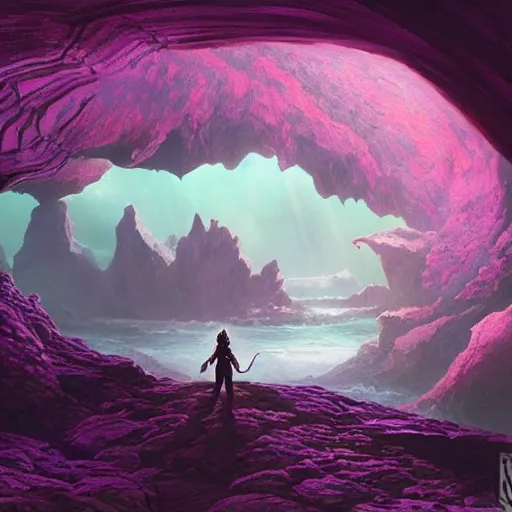 Prompt: a scary glowing purple portal to another world in darwin's arch, ocean and rock landscape, d & d, fantasy, intricate, elegant, highly detailed, digital painting, artstation, concept art, matte, sharp focus, illustration, art by hayao miyazaki and hideo kojima