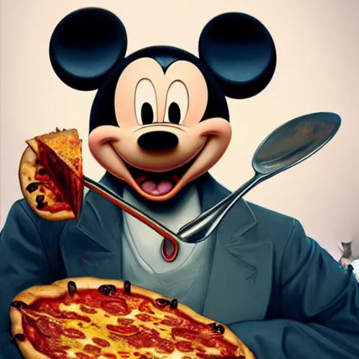 Image similar to portrait of Mickey mouse opening his mouth to eat pizza, highly detailed, digital painting, artstation, concept art, sharp focus, illustration, art by artgerm and greg rutkowski and alphonse mucha