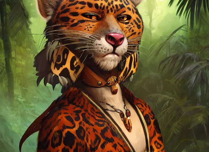 Prompt: character portrait feature of the anthro male anthropomorphic jungle cat jaguar fursona animal person wearing shaman tribal outfit robes belt standing in the amazon rainforest two legs, character design stylized by charlie bowater, ross tran, artgerm, makoto shinkai, detailed, soft lighting, rendered in octane