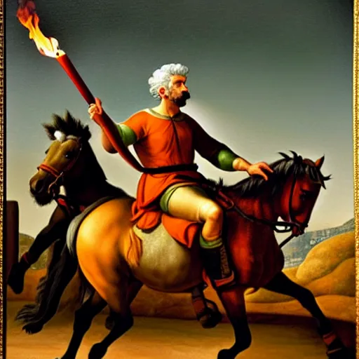 Image similar to painting of yair lapid holding a flaming torch and riding a white mule at the gates of jerusalem, in the style of michaelangelo, intricate, high detail