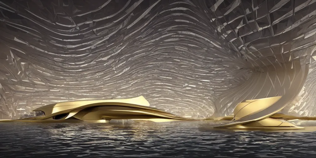 Image similar to mosque floating spaceship by zaha hadid, golds fantasy world