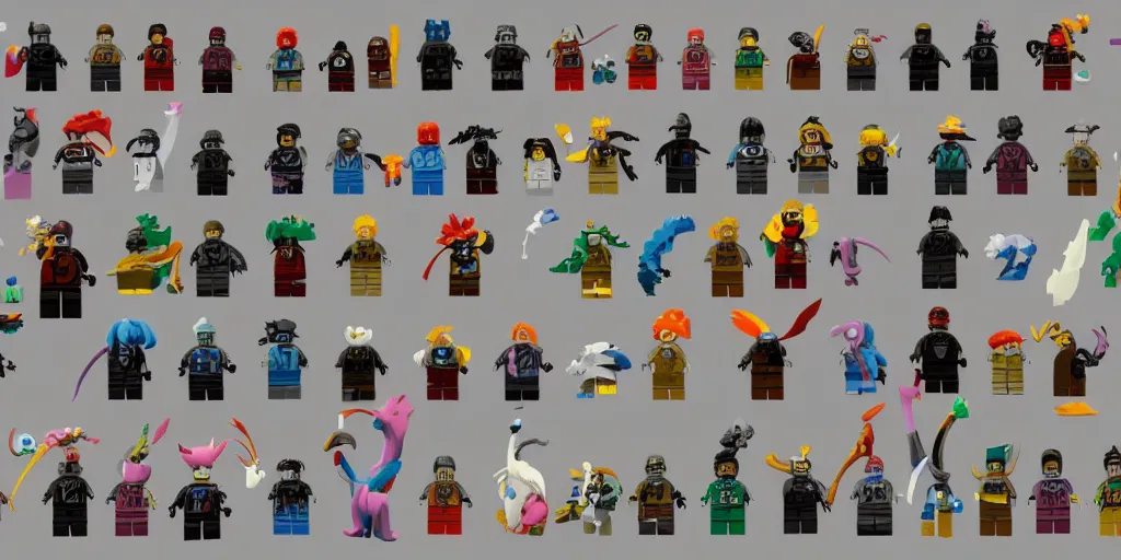 Image similar to creatures made of lego bricks, cute looking, kawaii, sharp focus, character sheet, game concept art