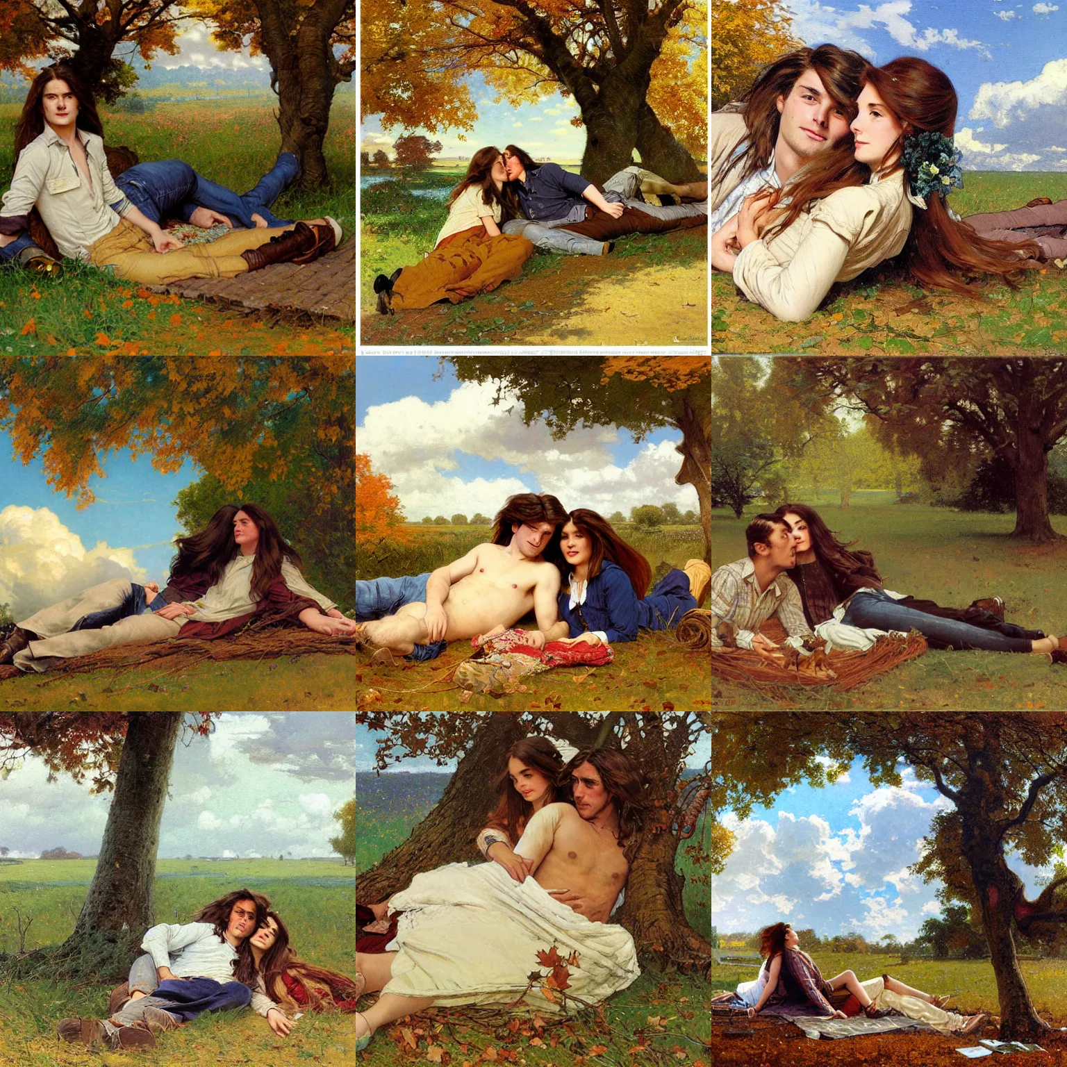 Prompt: long shot of young man and woman with long brown hair, laying under a tree looking at clouds autumn, ( ( ( wearing jeans ) ) ), by charles sillem lidderdale, stanley artgerm lau, greg rutkowski, thomas kindkade, alphonse mucha, loish, norman rockwell