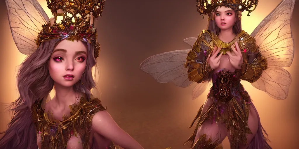 Image similar to fairy girl emperorit is decorated with long robes that fall like stars and wears a huge crown. fantasy art, photo realistic, dynamic lighting, artstation, poster, volumetric lighting, very detailed faces, 4 k, award winning, blender