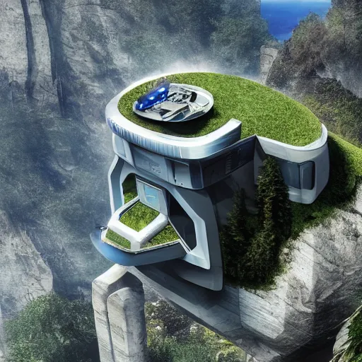 Prompt: Photo of a futuristic cybernetic house on a cliff