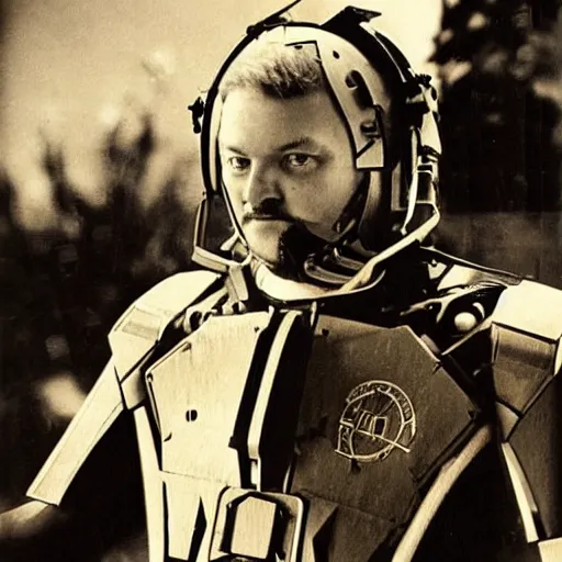 Image similar to robert wyatt in a mech suit, photograph