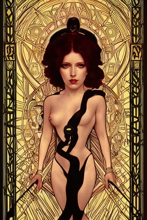 Image similar to a dramatic ethereal epic symmetrical painting of Black Widow | tarot card, art deco, art nouveau, realistic | by Dresden Codak, by Mark Maggiori and ((((Alphonse Mucha))) | trending on artstation
