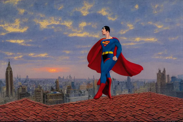 Prompt: painting of superman, in a rooftop, watching new york, beautiful, sunset, romantic, by ludwig deutsch and maxfield parrish, patterned tilework, extremely detailed, cinematic lighting, smooth sharp focus